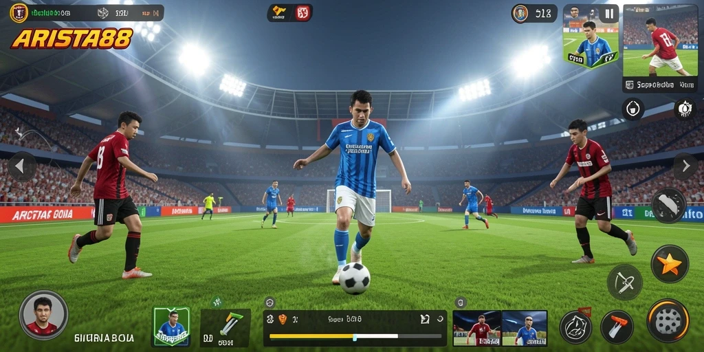 Tangkapan layar gameplay ARISTA88 menampilkan aksi sepak bola intens.