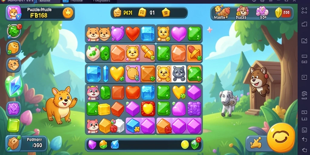 Tampilan gameplay FB168 dengan elemen Match-3 yang berwarna-warni.