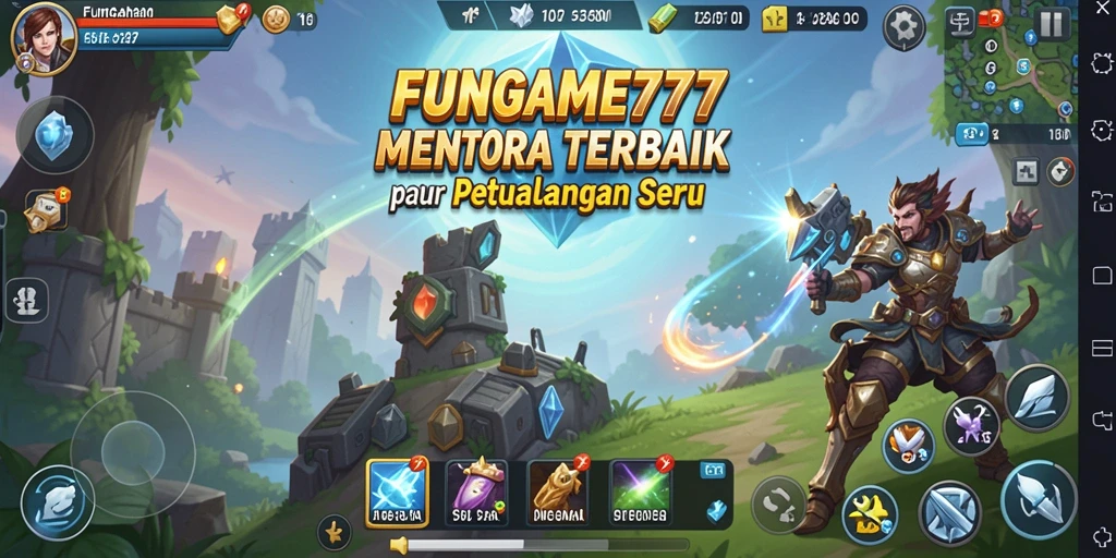 Screenshot gameplay FUNGame777 menunjukkan aksi pertahanan menara yang mendebarkan.