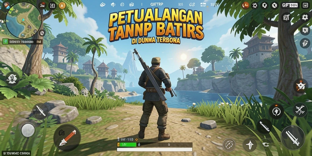 Tangkapan layar GIFTRP menampilkan aksi menjelajahi dunia terbuka yang penuh warna.