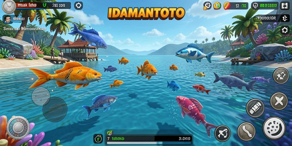 Tampilan gameplay seru dalam IDAMANTOTO menangkap berbagai ikan.