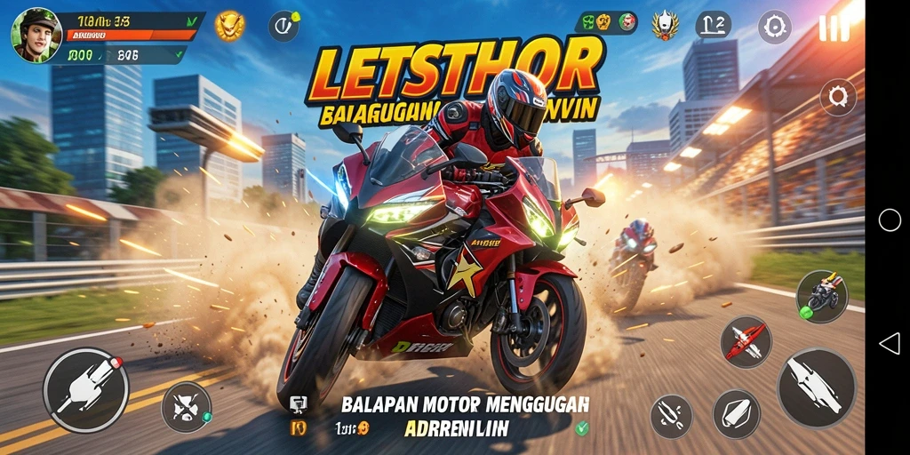 Gameplay seru LETSTHOR dengan balapan motor yang mendebarkan.