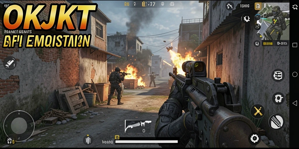 Screenshot menampilkan aksi intens dalam gameplay FPS OKJKT.